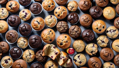 View ro above of a variety of muffins on a wooden plate, chocolate chips, chocolate, cocoa, vanilla, nuts ones - obrazy, fototapety, plakaty