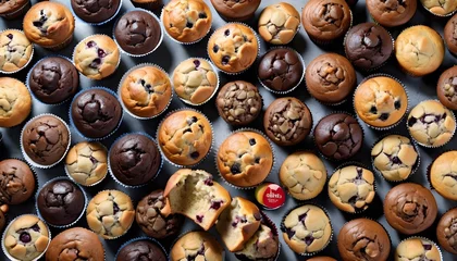 Fotobehang View ro above of a variety of muffins on a wooden plate, chocolate chips, chocolate, cocoa, vanilla, nuts ones © Lied
