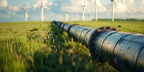 Energy Generation Scene: Industrial Pipe and Wind Turbines Photo - obrazy, fototapety, plakaty