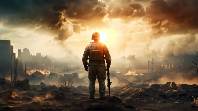 Man in a military uniform against the backdrop of a burning city, AI Generated
