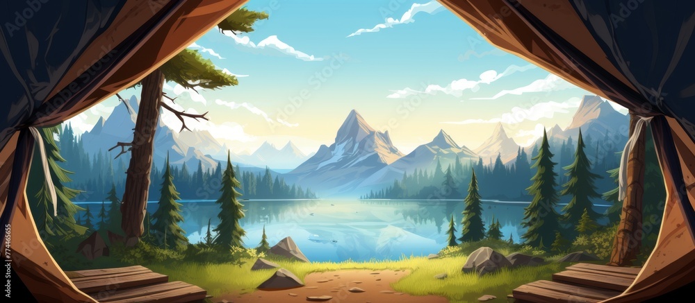 Poster view from inside a tent of a serene lake with distant mountains in the background