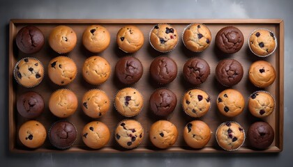 Obraz premium View ro above of a variety of muffins on a wooden plate, chocolate chips, chocolate, cocoa, vanilla, nuts ones