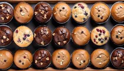 Obraz premium View ro above of a variety of muffins on a wooden plate, chocolate chips, chocolate, cocoa, vanilla, nuts ones