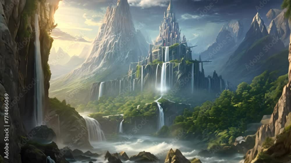 Sticker Beautiful fantasy landscape with a waterfall in the middle of the jungle, AI Generated