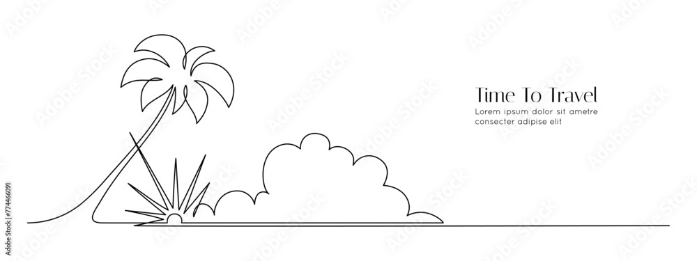 Poster one continuous line drawing of beach with palm tree. abstract tropical landscape with sea and clouds