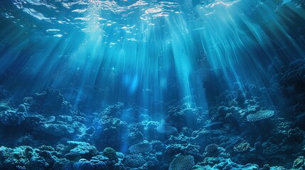 Artistic photo landscape in beautiful blue light underwater and rays of sunlight shining through. Generative Ai image.