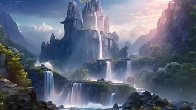 Fantasy landscape with waterfall and fairy tale castle. 3d rendering, AI Generated