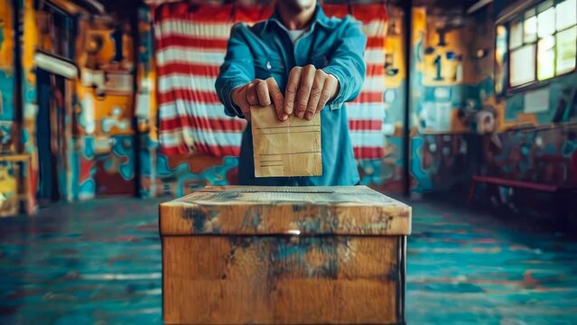Close up of male hand putting a ballot box in a voting box