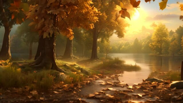 Autumn landscape with a bench in the park. 3d render, AI Generated