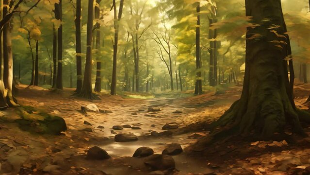 Fantasy autumn forest with fog and sun rays. 3d rendering, AI Generated