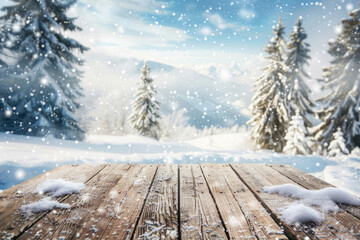 Fototapeta premium Snow-Covered Woodland: Table Backdrop Enhancing Winter Photography