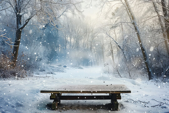 Scenic Winter Photography: Snowy Landscape with Rustic Woodland Table