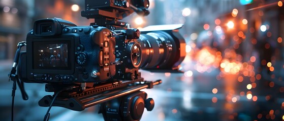 Blurred closeup of camera equipment like gimbals tripods and shoulder rigs capturing motion shots. Concept Camera Equipment, Closeup Shot, Gimbals, Tripods, Shoulder Rigs, Motion Shots - obrazy, fototapety, plakaty