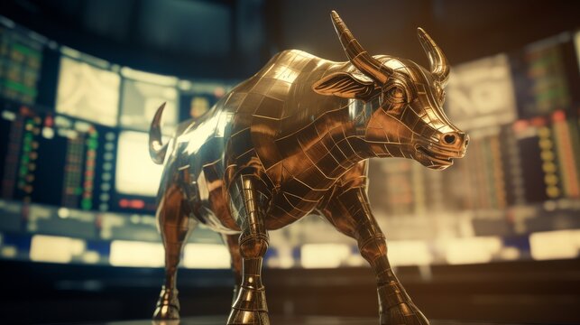 Bull Market: Financial Growth, Upward Trend and Prosperity in the World of Trading, Cryptocurrency and Investment. Bull on a stock exchange