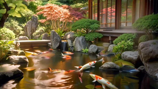 Beautiful Japanese garden with pond and koi fish in autumn season, AI Generated