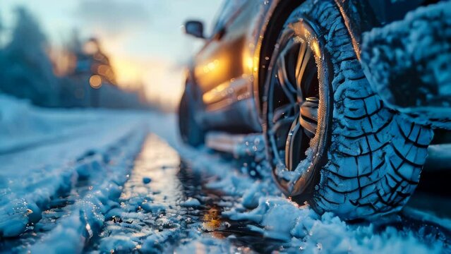 Car on winter road covered with snow at sunset. Close-up