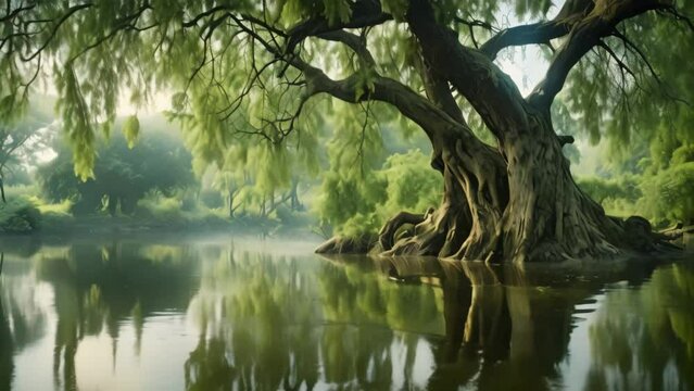 Old tree with reflection in the lake, South China Sea, Vietnam, AI Generated