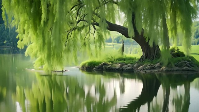 Weeping willow tree reflected in the lake with reflection in water, AI Generated