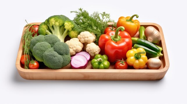 Fresh Vegetables in oval wooden tray and base. There are Broccoli, carrot, baby corn, tomatoes cherry, coriander leaves or cilantro, onion, and garlic.