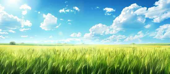 Fototapeta na wymiar Picturesque Agriculture Scene Blue Sky, Green Grass, Yellow Wheat Field Panorama