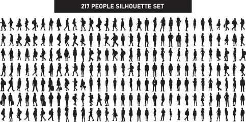 Set of peoples silhouette, standing boy silhouette, standing girls, walking men, walking women , running boy, running girls vector, isolated on white background
