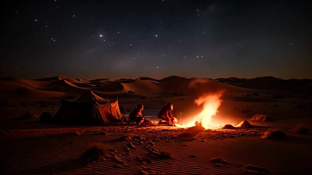 Tourist tent in the desert at night with starry sky, AI Generated