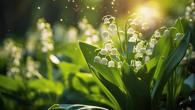 Lilies of the valley in morning sun in the forest sunlight,
