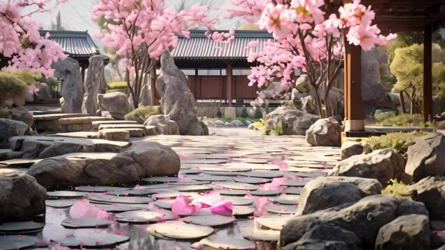 Japanese garden with cherry blossom and stone walkway in spring, AI Generated