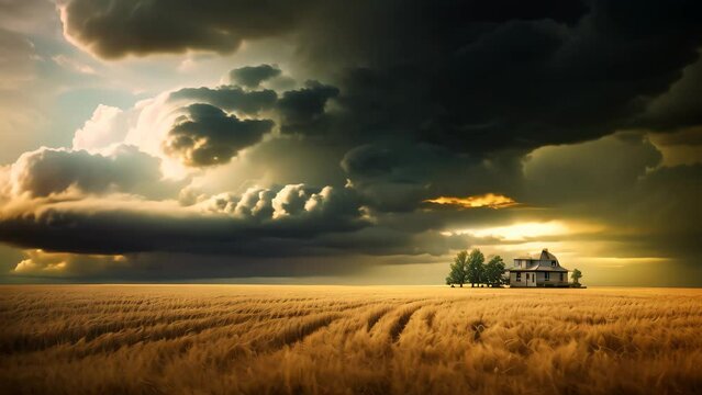 Stormy sky over wheat field. Nature composition. 3D render, AI Generated