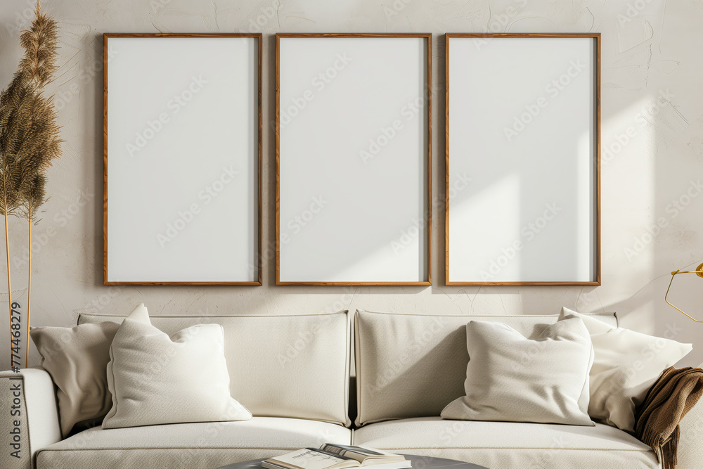 Poster a white couch with three empty frames on the wall behind it
