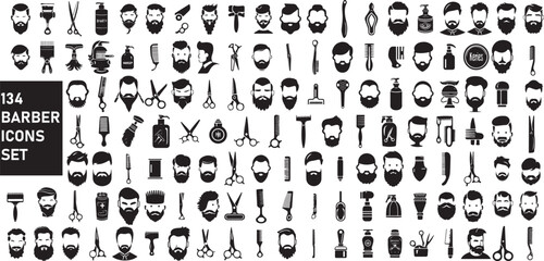 Set of barbers icons. barber shop icon set. scissor, blade, cutting machine, comb, brush, sheaving cream, razor, beard , beard styles icons,  - obrazy, fototapety, plakaty