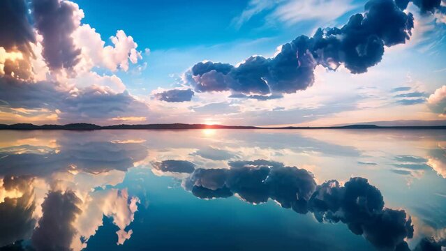 beautiful sunset on the lake with reflection of clouds in the water, AI Generated