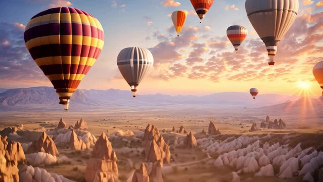 A stunning image capturing a group of colorful hot air balloons floating gracefully over a picturesque valley, Majestic hot air balloons floating over Cappadocia, AI Generated