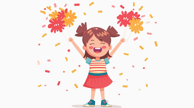 Little girl cheering with pom pom illustration flat
