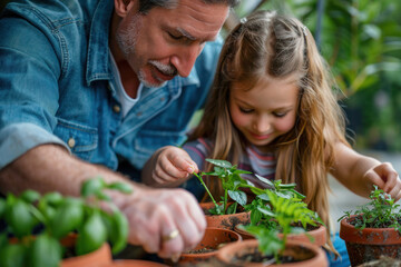 Naklejka na ściany i meble Father with a girl planting herbs at the backyard 