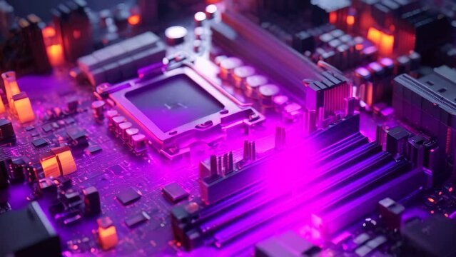 A detailed view of the intricate components and circuitry on a computer motherboard, Vibrant pulsating lights on a dark motherboard, AI Generated