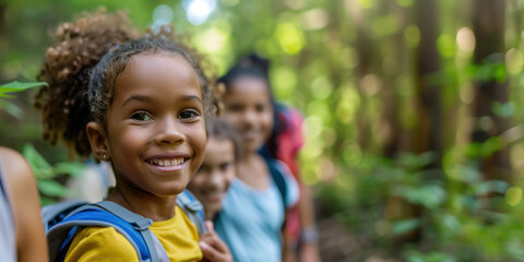 Active young kids, teenagers hiking trough the forest, summer camp