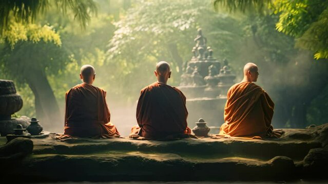 Three men sitting in a row next to each other, engaged in conversation or enjoying each others company, Zen Buddhist monks meditating in a tranquil garden, AI Generated