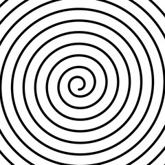 Thin spiral line background. Snail shell texture. Swirl, tornado or vortex pattern. Black and white wallpaper with hypnotic vertigo effect. Dynamic spin ornament. Vector graphic illustration.