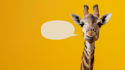 Kommunikative Giraffe: Eine neugierige Giraffe auf gelbem Hintergrund blickt direkt in die Kamera, neben ihrem Kopf befindet sich eine leere Sprechblase. - obrazy, fototapety, plakaty