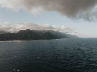 Hawaii coastline from above with mountains