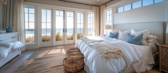 Fototapeta na wymiar Luxurious Coastal Bedroom Retreat with Panoramic Ocean Vistas and Soothing Sea Breezes