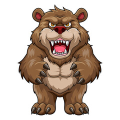 The Furious Bear Cartoon Is Standing and Ready to Pounce on You, Isolated on White Background, Vector Illustration