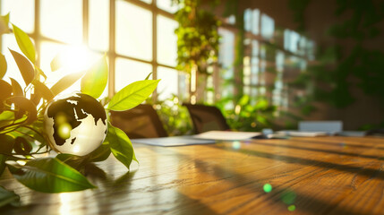 Grüne Geschäftswelt: Eine glänzende Erdkugel umgeben von Pflanzen auf einem sonnendurchfluteten Bürotisch aus Holz.