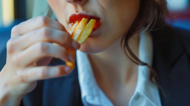 Zeitdruck-Gourmet: Eine Gesch&auml;ftsfrau im Business-Outfit isst hastig eine Portion Pommes Frites.