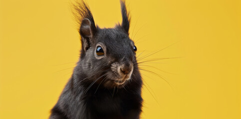 Kontrastreiches Nagerportrait: Ein neugieriges schwarzes Eichhörnchen vor gelbem Hintergrund.

