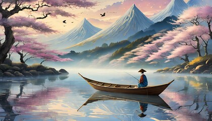 Kleines Boot mit einem Fischer in einem nebligen See im japanischen Sumie-Stil.