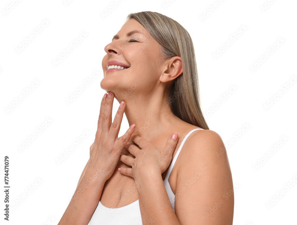 Wall mural beautiful woman touching her neck on white background