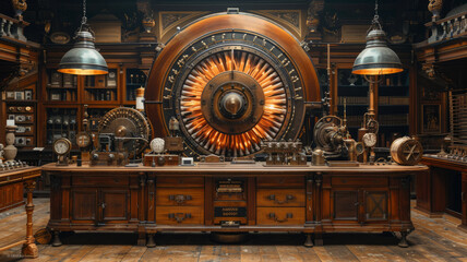 Obraz premium science lab in a classical museum with a big central coil with electricity,generative ai