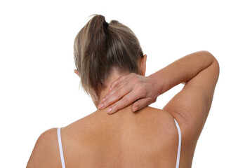 Woman suffering from pain in her neck on white background, back view
